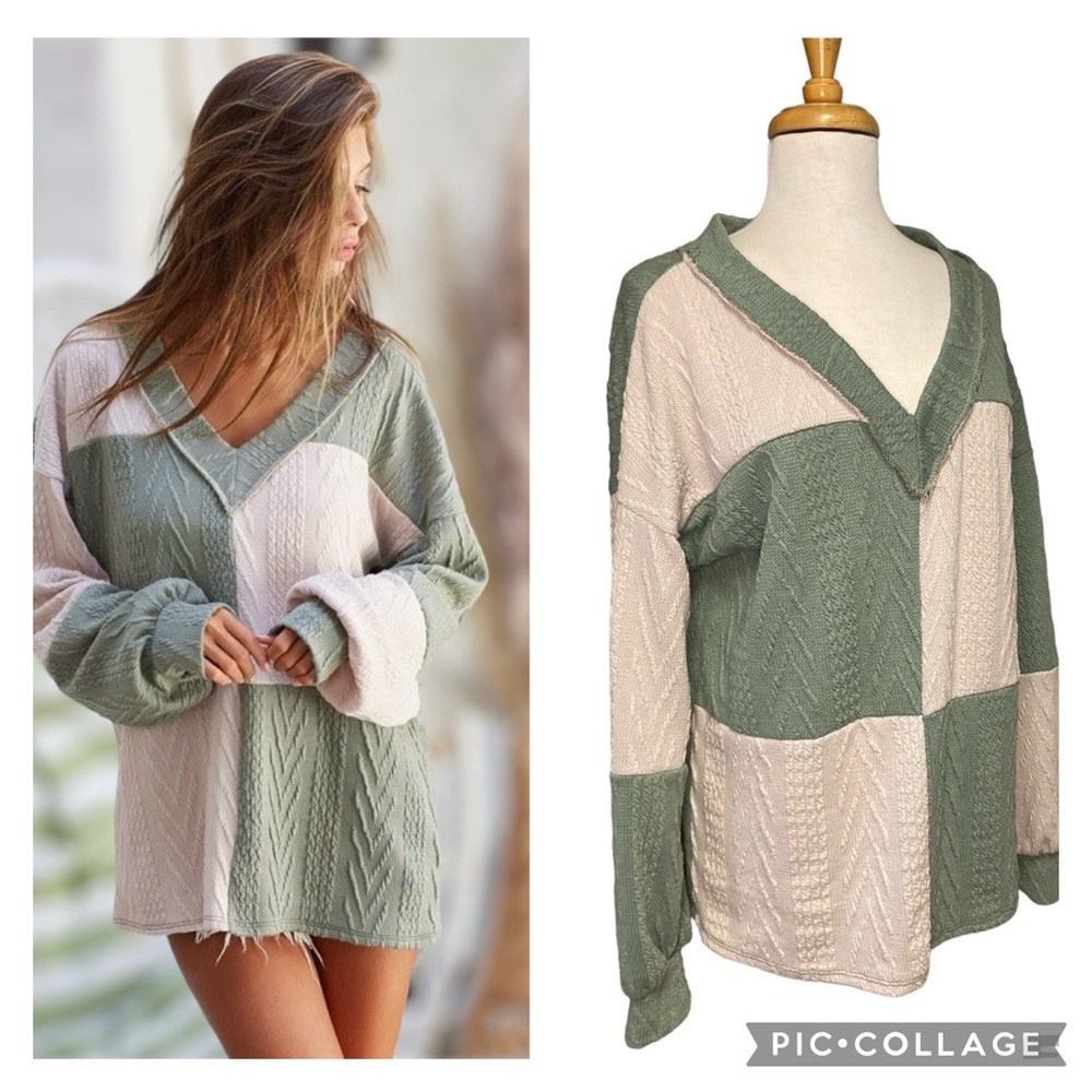 BiBi Colorblock V-Neck Cable Knit Rib Top Sea Foam Green Cream Size M Oversized